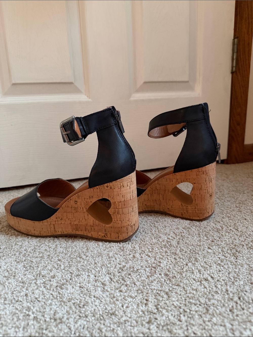 Lucky Brand Black Cork Wedge Sandals with Heart Cutouts